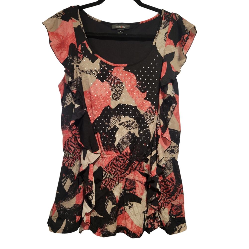 Whimsigoth Med Y2K Fairy Black Rose Pink Rhinestone Abstract Flutter Blouse